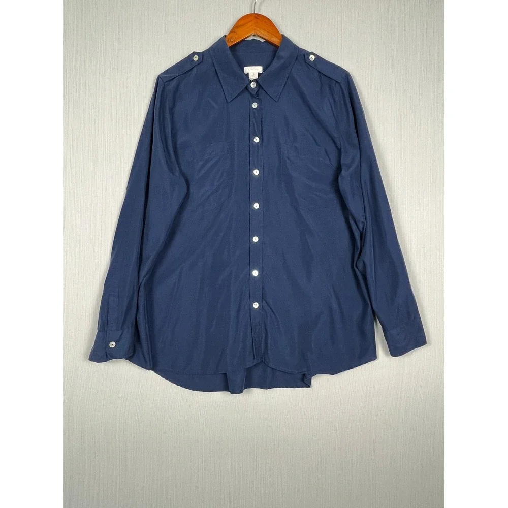 Chico's Button Down Women Size 3 Navy Blue Utility Epaulette Modal Blend‎ Shirt